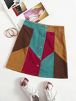 Women Button Fly Colorblock Skirt