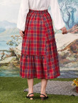 Women Tartan Plaid Frill Trim Midi Skirt