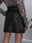 Women Paperbag Waist Self Belted Button Up PU Leather Skirt
