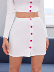 Women Button Front Rib-knit Mini Skirt