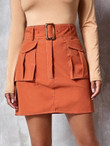 Women Solid Belted Flap Pocket Cargo Skirt