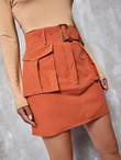 Women Solid Belted Flap Pocket Cargo Skirt