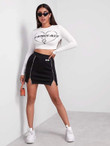 Women M-Slit Hem Contrast Piping Letter Graphic Mini Skirt