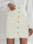 Women Button Fly Flap Detail Tweed Skirt