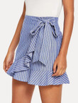 Ruffle Trim Knot Front Striped Wrap Skirt