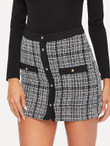 Button Up Tweed Plaid Bodycon Skirt