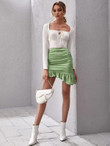 Women Zip Back Ruched Asymmetrical Ruffle Hem Satin Skirt