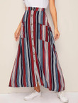 Button Front Patch Pocket Striped Skirt