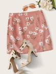Floral Print Split Hem Cord Skirt