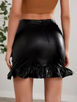 Women Ruffle Hem Mini PU Leather Skirt