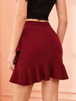 Solid Asymmetrical Ruffle Hem Zip Back Skirt