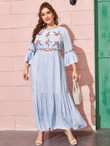 Women Plus Size Floral Embroidered Ruffle and Hem Dress