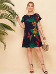 Women Plus Size Plants Print Tunic Dress
