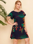 Women Plus Size Plants Print Tunic Dress