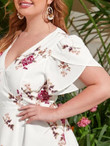 Women Plus Size Petal Sleeve Surplice Neck Floral Dress