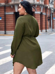 Women Plus Size Button Front Curved Hem Drawstring Dress