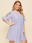 Women Plus Size Embroidered Floral Flounce Sleeve Striped Tunic Dress