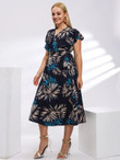 Women Plus Tropical Print Ruffle Trim Dress