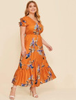 Women Plus Size Layered Flutter Sleeve Ruffle Hem Floral Print Dress