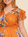 Women Plus Size Layered Flutter Sleeve Ruffle Hem Floral Print Dress