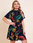 Women Plus Size Tie Backless Floral & Bird Print Belted Dress