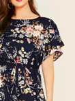 Women Plus Size Floral Print Petal Sleeve Belted Dress