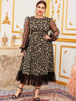 Women Plus Size Sheer Dobby Mesh Sleeve & Hem Leopard Dress