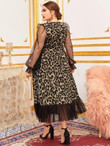 Women Plus Size Sheer Dobby Mesh Sleeve & Hem Leopard Dress