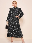 Women Plus Size All Over Print Ruffle Trim Dress