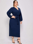 Women Plus Size Surplice Neck Belted Fitted Dress