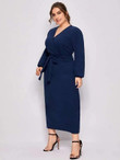 Women Plus Size Surplice Neck Belted Fitted Dress