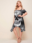 Women Plus Size Skull & Tree Print Cold Shoulder Dress