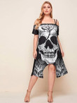 Women Plus Size Skull & Tree Print Cold Shoulder Dress