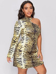 Women Plus Size Tiger Striped One Shoulder Drawstring Bodycon Dress