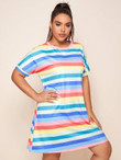 Women Plus Size Rainbow Stripe Batwing Sleeve Tee Dress