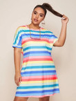 Women Plus Size Rainbow Stripe Batwing Sleeve Tee Dress