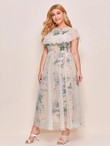 Women Plus Size Floral Print Contrast Mesh Dress