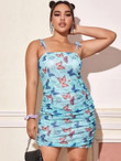Women Plus Size Shoulder Ruched Butterfly Print Mesh Cami Dress