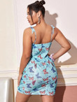 Women Plus Size Shoulder Ruched Butterfly Print Mesh Cami Dress