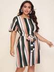Women Plus Size Butterfly Sleeve Belted Striped Dress