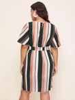 Women Plus Size Butterfly Sleeve Belted Striped Dress