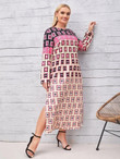 Women Plus Geo Print Colorblock Split Hem Dress