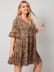 Women Plus Size Flounce Sleeve Buttoned Front Allover Print Smock Dress