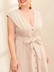 Women Plus Size Solid Button Front Self Belted Dress