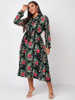 Women Plus Size Button Front Floral & Tropical Belted Dress