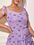 Women Plus Size Knot Shoulder Butterfly Print Dress