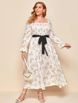 Women Plus Size Floral Print Shirred Bodice Belted Dress