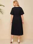 Women Plus Size Solid Lace Panel Belted Dress