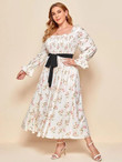 Women Plus Size Floral Print Shirred Bodice Belted Dress