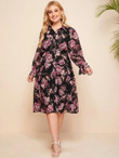 Women Plus Size Button Front Ruffle Hem Floral Dress